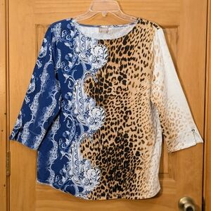 Chico's Top Paisley Leopard Animal Print 3/4 Sleeve Blue Tan Sz 2 LG Boho Retro